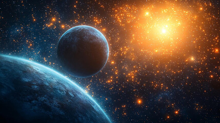 Wall Mural - stunning cosmic scene with two planets and bright star cluster in deep space