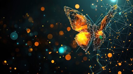 Abstract butterfly, digital art, flying, glowing network background