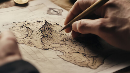Wall Mural - A cartographer sketching a detailed map by hand. Featuring delicate line work and old-world charm