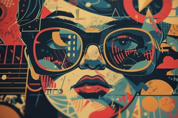 Wall Mural - a vintage-style digital illustration featuring a womans face with abstract patterns and geometric sh