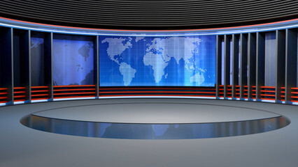 Wall Mural - 3D Virtual TV Studio News, Backdrop For TV Shows .TV On Wall.3D Virtual News Studio Background,3d illustration
