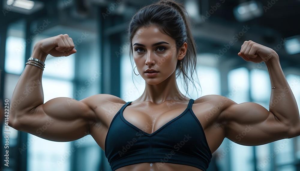 stunningly-muscular-female-bodybuilder-posing-in-gym-flexing-biceps