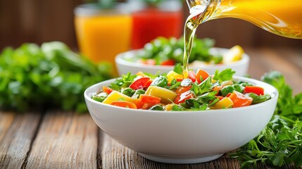 Poster - Fresh Vegetable Salad Drizzled with Olive Oil on Rustic Table
