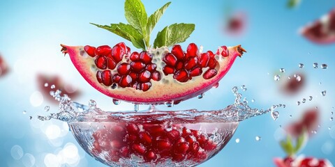 Poster - Fresh Pomegranate Slice with Water Splash and Mint Leaves Decor