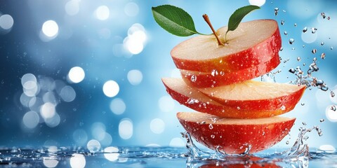 Poster - Fresh Red Apple Slices with Water Splash on Blue Background