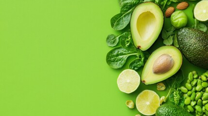 Fototapete - Fresh Avocados with Lime and Greens on Vibrant Green Background