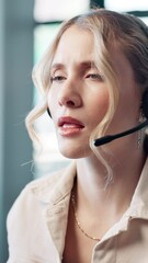 Poster - Woman, call center and tired with headache, headset and consulting with brain fog at office. Person, migraine and customer service at help desk, yawn and burnout with voip connection at workplace