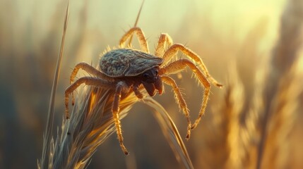 An arachnid perched on a plant stalk in bright sunlight