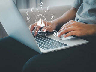 Wall Mural - businessman uses cloud computing technology via laptop to connect to backup and store data in online