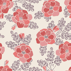 Wall Mural - Floral retro background. Pink flowers. Botanical seamless pattern. 