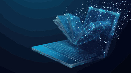 Wall Mural - digital learning concept: low poly laptop and open book vector illustration representing online educ