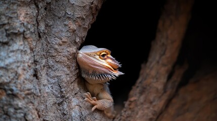 Aufkleber - Close up of a bearded dragon in a tree, lizard has tan scales with a spiky beard and orange markings, the reptile emerges from a dark hole in the textured, brown bark of the tree, warm light and