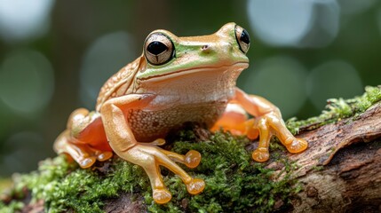 Poster - Close up of a light green frog with orange legs perched on a mossy branch. The frog has large, expressive eyes and a smooth, moist skin, with blurred green bokeh background