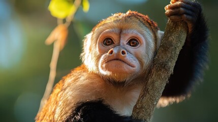 Aufkleber - A close-up shot reveals a white-faced capuchin monkey perched on a branch, its fur touched by sunlight, creating highlights. The monkey's gaze, coupled with the blurred green backdrop, highlights the