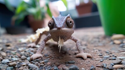 Poster - Close-up shot of a chameleon on small rocks, showcasing its textured skin and unique eyes. The shallow depth of field highlights the reptile against a blurred background of green plants and other