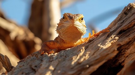 Aufkleber - Close up shot of an orange bearded dragon perched on weathered wood, looking directly at the camera. The background features a clear blue sky, providing a natural and warm setting highlighting the