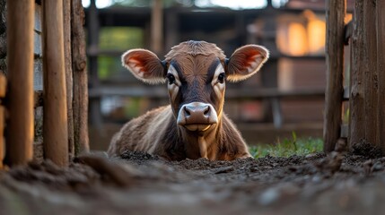 Aufkleber - A captivating close-up of a brown calf, its inquisitive gaze meeting the camera. The calf lies amidst earthy soil, enclosed by wooden bars, with soft lighting adding warmth to the scene. The
