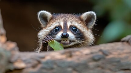 Poster - Close-up of a raccoon with distinctive black mask eating a green leaf, viewed through a rustic wooden frame against a blurred background of green foliage. Captures the animal's curious expression