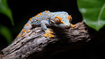 Poster - Close-up of a blue and orange gecko perched on a weathered branch, set against a backdrop of verdant leaves and a dark background, highlighting its unique coloration and textured skin