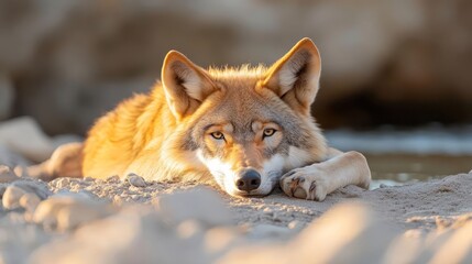 Aufkleber - Close up shot of a relaxed coyote resting on rocks near water with soft, golden sunlight illuminating its fur, creating a warm and peaceful atmosphere in a natural setting. The image highlights the