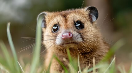 Poster - A close-up shot portrays a small, golden-brown mammal with large eyes and a pink nose, nestled among green grass. The focus highlights its endearing face, capturing a moment of gentle curiosity in a