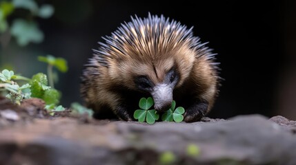 Poster - A close-up shows a short-beaked echidna in a natural setting, eating plant, with black background. The echidna's spines and fur are detailed, and the surrounding foliage adds depth to the scene