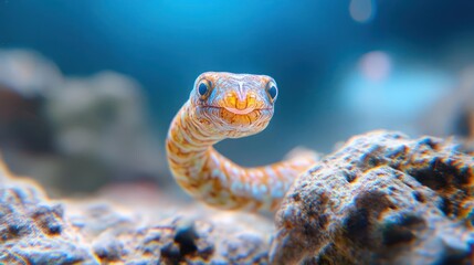 Poster - A close up shot shows a light orange snake with a slightly blurred turquoise background. It has small blue eyes and the body is marked with lighter orange and white stripes. The snake is sitting on a