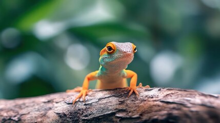 Poster - Close-up of a vibrant lizard perched on a branch with a blurred background of lush green foliage. The lizard exhibits orange and blue markings, highlighted by natural lighting