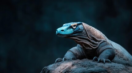Poster - Komodo dragon resting on a rock in a close-up shot, showcasing its scales, colors and unique features. The image features a dark background, focusing the attention on the reptile and its textured