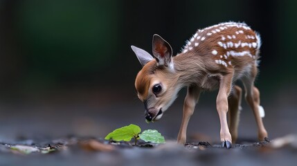 Poster - A close-up of a young fawn with white spots on its back, stands on a path with fresh green leaf. The fawn has a glossy coat and large, dark eyes, creating a sweet and tender moment captured in