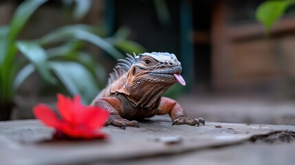 Poster - Close up shot of a Orange Iguana on a rock with vibrant red flower. The iguana has scales and a long tongue sticking out. The rock provide a neutral background. Lush green plants in the background