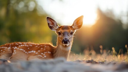 Aufkleber - Close-up of a brown spotted fawn, lying on the ground. The sun is behind the fawn, creating a golden glow. Green trees in the blurry background