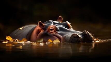 Aufkleber - This image captures a hippopotamus partially submerged in water, with its head and upper body visible. The lighting emphasizes its dark skin and wet surface, creating a dramatic contrast with the