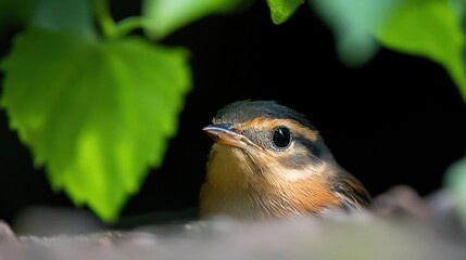 Poster - Close-up shot of a small bird with brown and orange plumage, perched among green leaves in a natural setting. Soft light highlights the bird's feathers and creates a serene atmosphere