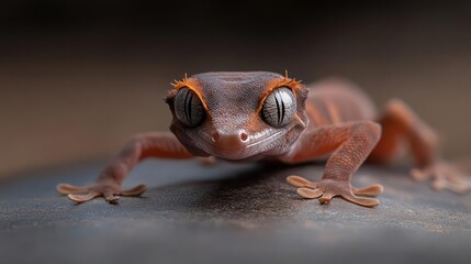 Poster - A front-facing close-up reveals a brown and orange crested gecko with large, textured eyes. The gecko is positioned on a rough, dark gray surface against a blurred brown backdrop, highlighting its