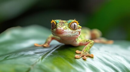 Poster - Captivating close-up of a crested gecko on a glossy green leaf, showcasing its vibrant green and brown scales, orange fringed eyes, and endearing smile in a natural setting with soft lighting