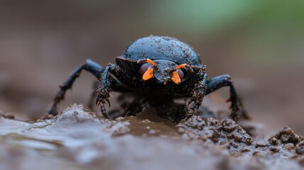 Poster - Detailed close-up captures a black beetle with striking orange antennae crawling on wet mud, showcasing nature's intricate details in a vibrant outdoor setting. Focus on texture and color contrast