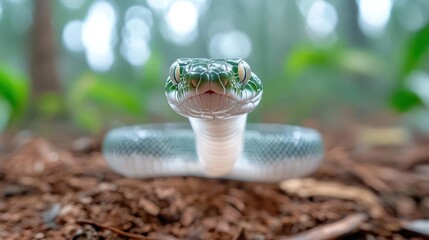 Poster - Close up shot of a coiled green snake resting on brown leaves with a blurred forest background. The snake's head is in sharp focus, showcasing its scales and eyes in a natural setting