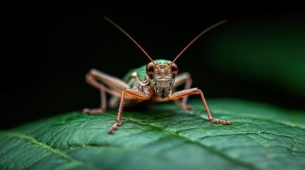 Poster - A macro shot presents a green and brown grasshopper perched on a vibrant green leaf against a dark background. The insect's detailed features and the leaf's texture are sharply in focus
