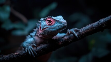 Poster - Detailed close up of a grey tuatara perched on a branch against a dark green leafy background in shadowy lighting. The reptile has a grey body, spiky ridge, and red eyes, captured with a focus on its