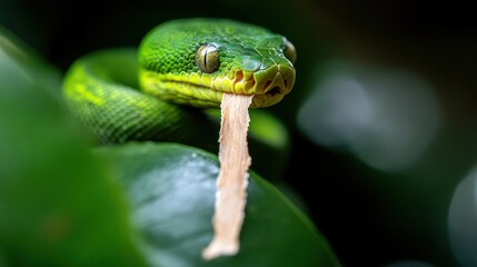 Poster - Close-up of a vibrant green tree python coiled among lush green leaves, its mouth slightly open with a tongue sticking out, captured in sharp focus against a blurred background