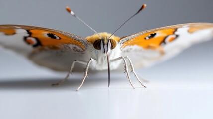 Poster - Macro shot of a beautiful butterfly with white and orange wings, showcasing intricate details of its body and antennae, set against a bright background