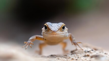 Poster - Close up macro shot of a small lizard with brown scales and yellow eyes. The reptile is walking on sand, with a blurred background of green foliage. The image is taken with soft lighting and focuses