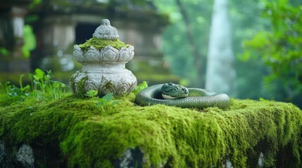 Aufkleber - A green snake coiled on a moss-covered stone surface with a weathered stone ornament in the background, surrounded by lush greenery, creating a serene and mystical atmosphere. The scene is bathed in