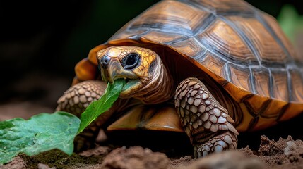Poster - Close up shot of a yellow footed tortoise eating a green leaf. The tortoise has a yellowish brown shell and patterned legs, with a dark blurred background with natural light. The tortoise is