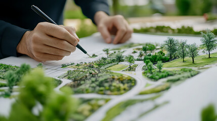 Wall Mural - Landscape architect designing a park with paths and greenery. Featuring park layout planning