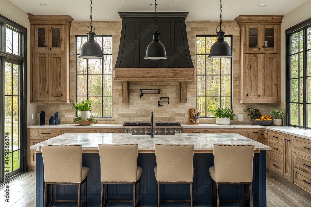 Modern farmhouse kitchen with white oak floors, navy blue island, off ...