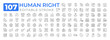 © IMG visuals icons - Human rights line icons set collection. Moral principles and norms regulated by laws. Legislation authority mega pack of linear pictograms. Isolated vector illustrations. Editable stroke
