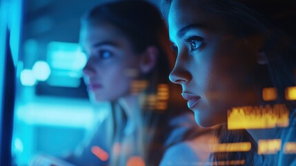 Two women focused on computer screens at night, illuminated by glowing data visualizations.