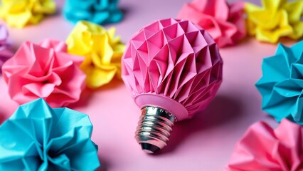 Poster - Pink origami lightbulb among colorful crumpled papers